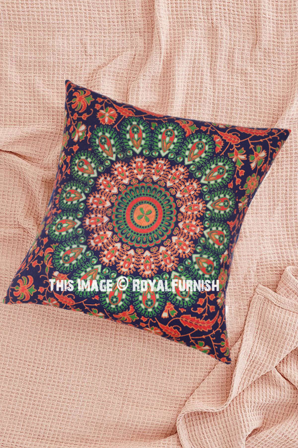 Blue & Orange Decorative Mandala Throw Pillow Cover - RoyalFurnish.com