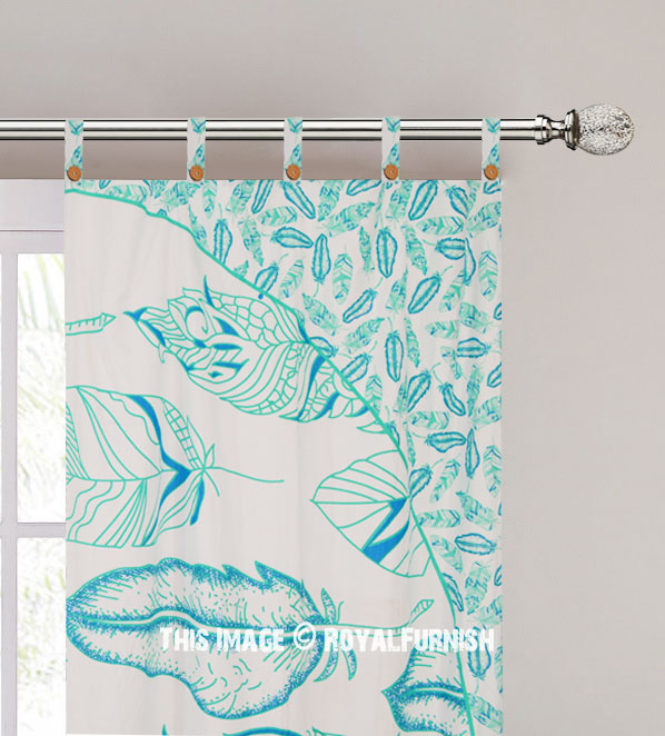 Green and White Summer Feathers Tapestry Curtain Panel Pair