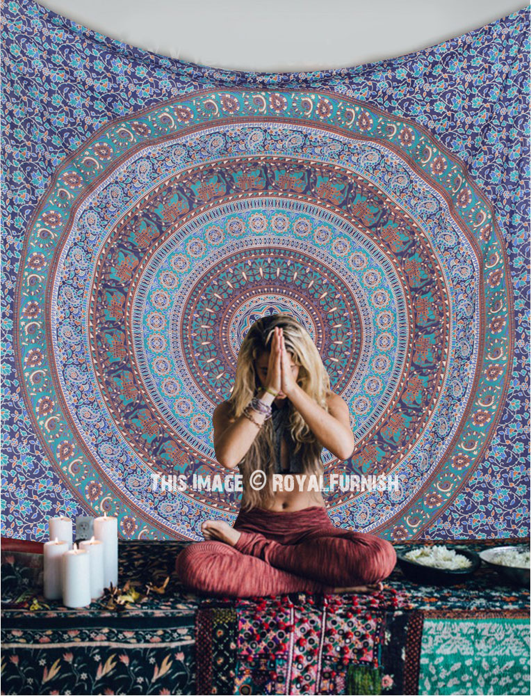 Blue Bohemian Medallion Elephant Mandala Bohochic Hippie Wall Tapestry ...