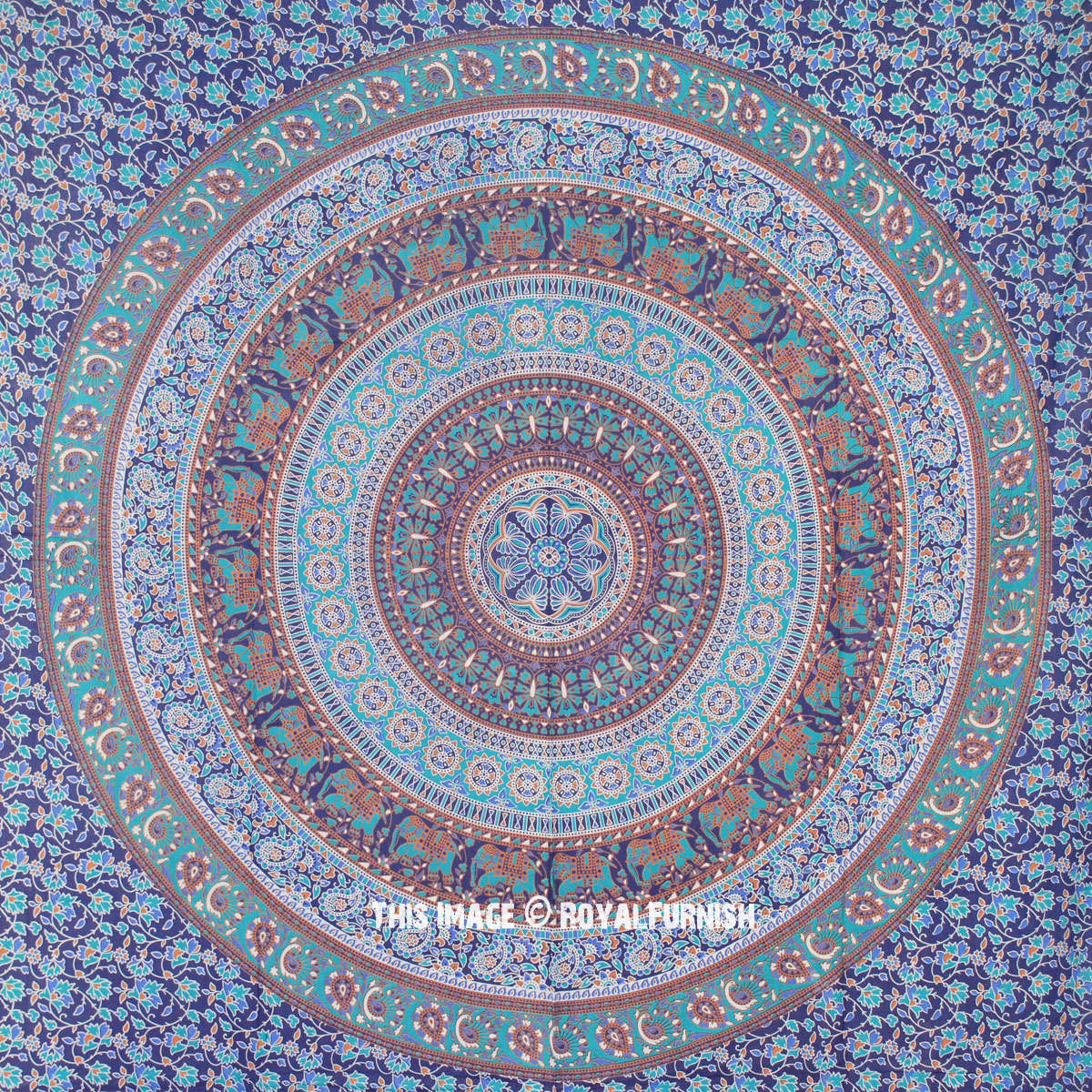 Blue Bohemian Medallion Elephant Mandala Bohochic Hippie Wall Tapestry ...