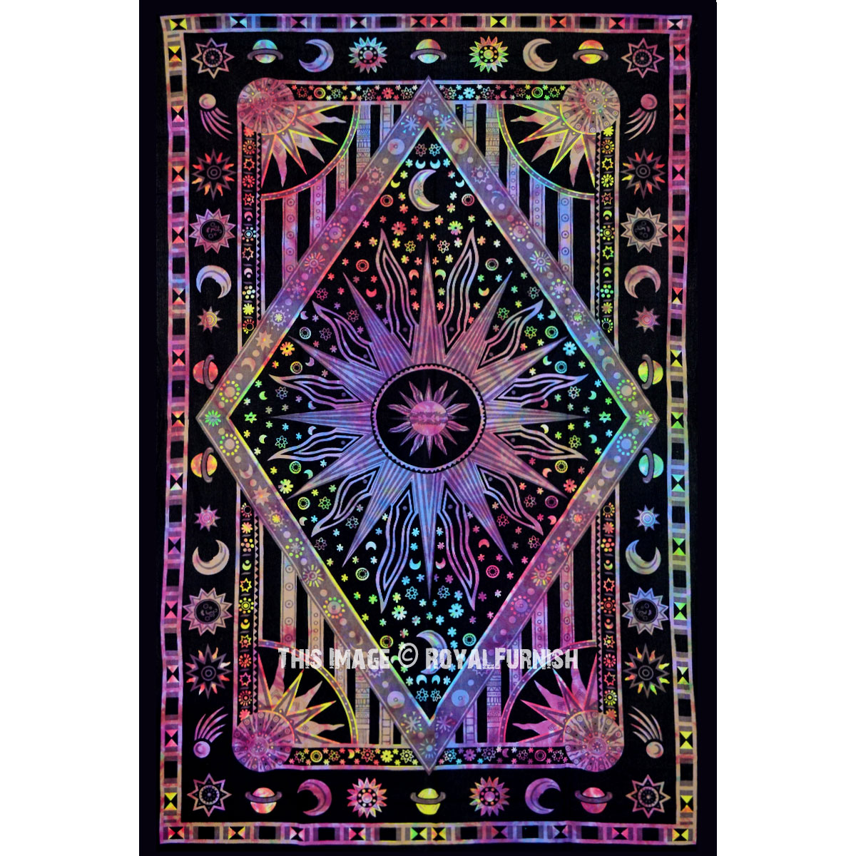 Twin Multi Tie Dye Celestial Sun Moon Stars Hippie Cotton Tapestry Wall