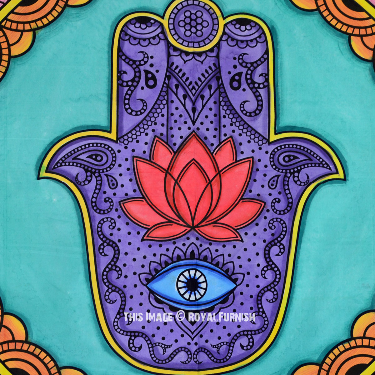 Multi Colorful Lotus Hand Hamsa Wall Tapestry - RoyalFurnish.com
