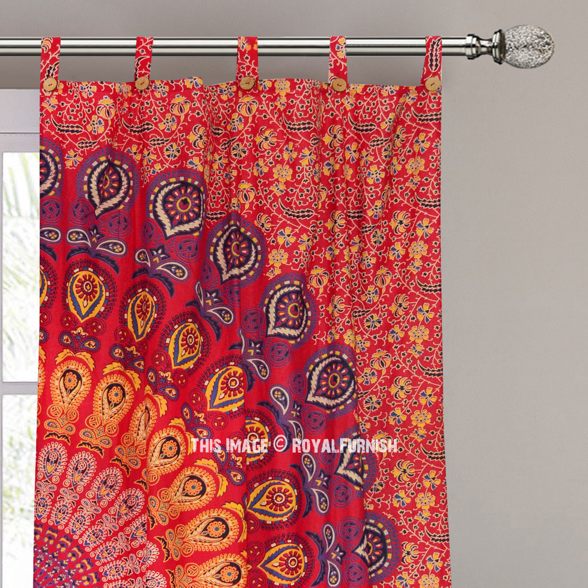 Blue Peacock Mandala Window Curtains – 2-Piece Boho Indian Drape Set (82x41 Inches Each)