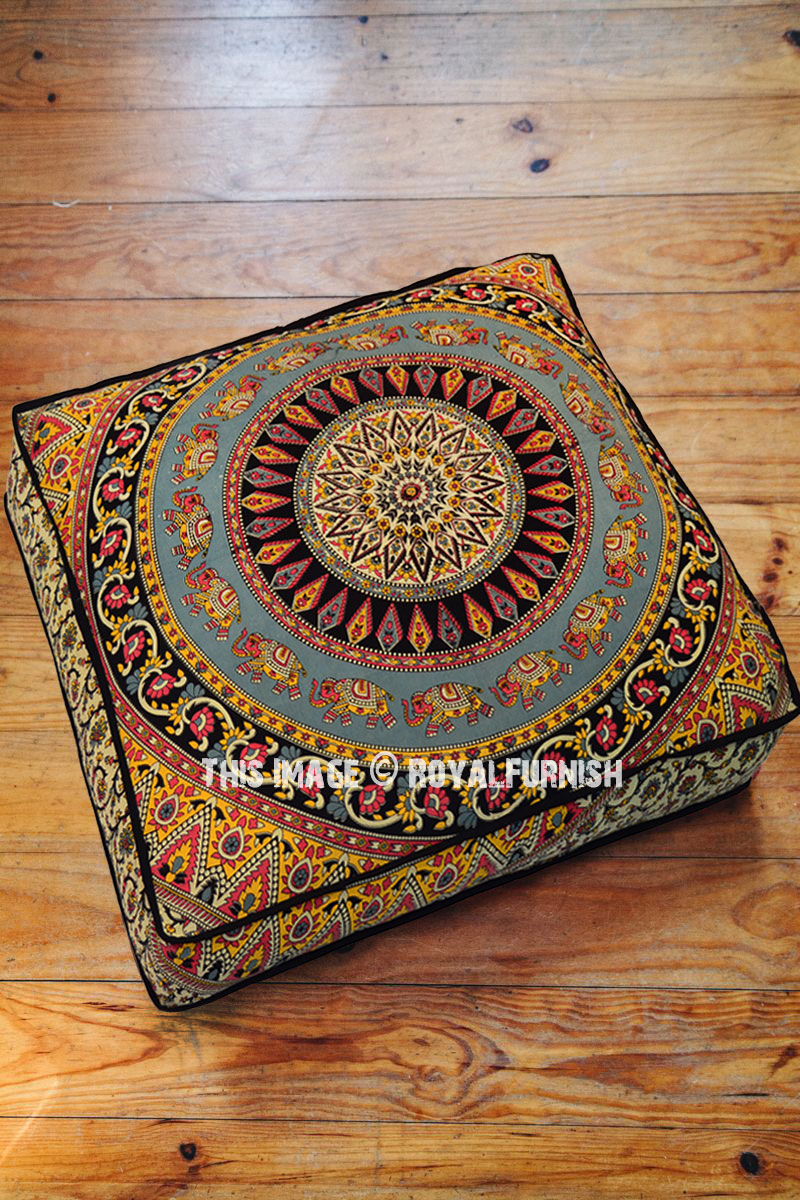 Beige Multi Bohochic Paisley Mandala Square Floor Pillow Cover 36x36