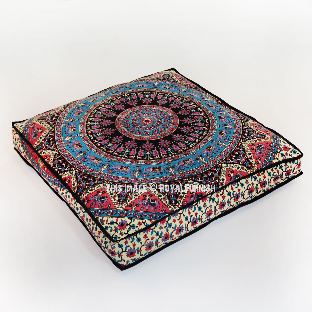 Beige Multi Kerala Medallion Square Floor Pillow Cover 36X36 Inch