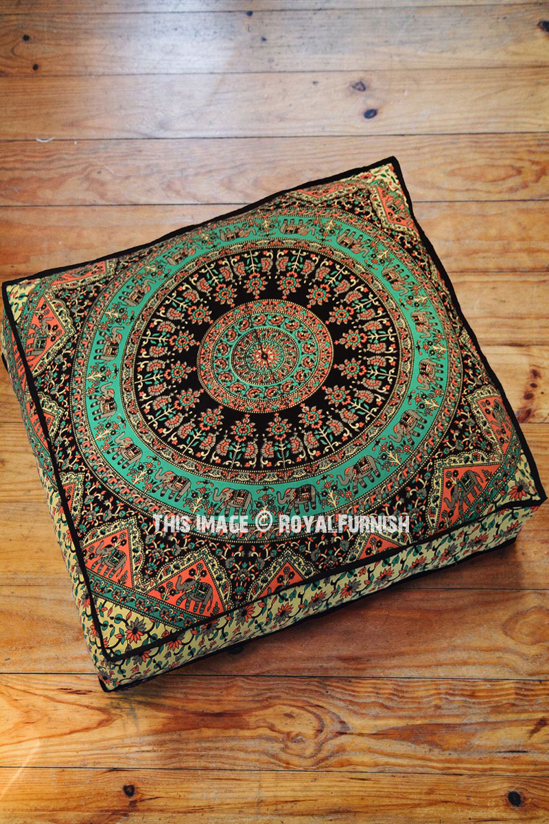 Beige Multi Kerala Paisley Mandala Square Floor Pillow Cover 36X36 Inch