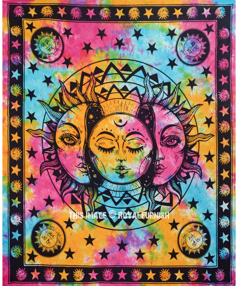 HIPPIE PSYCHEDELIC FACE PRINTING TAPESTRY BOHEMIAN SUN MOON WALL HANGING 