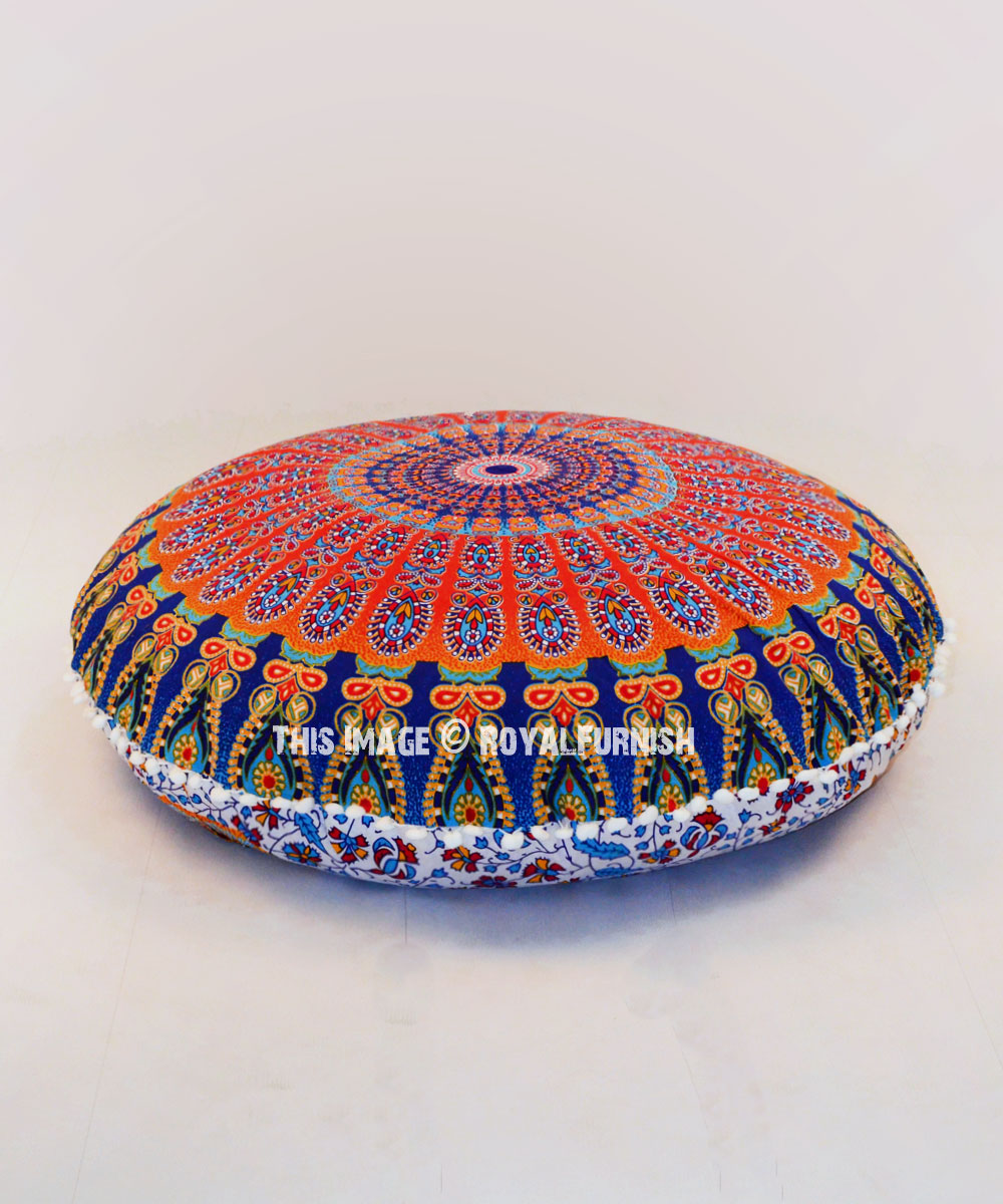 Blue Colorful Bohochic Round Floor Pillow Cover 32" Inch