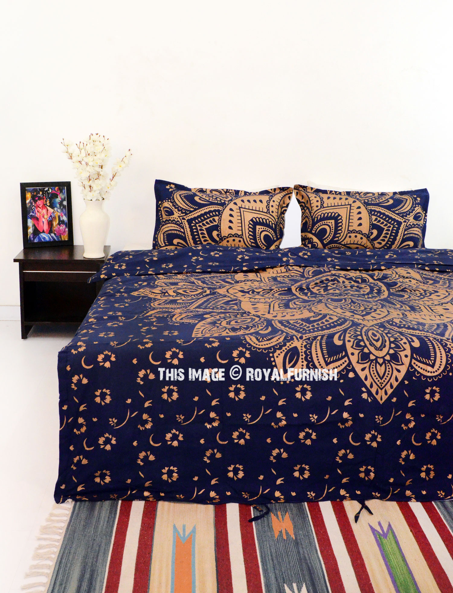 Ombre Flower Mandala Golden Duvet Cover With 2 Pillow Cover Bedcover Queen  Art 