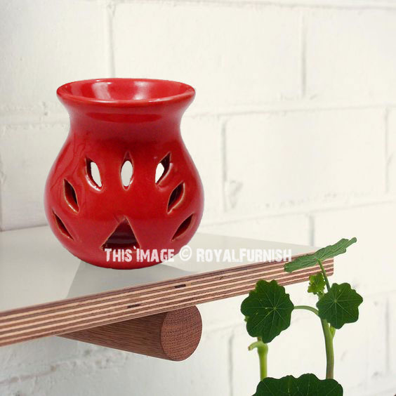 Red Ceramic Oil Burner Diffuser Set with Aroma Oil & Tea Light