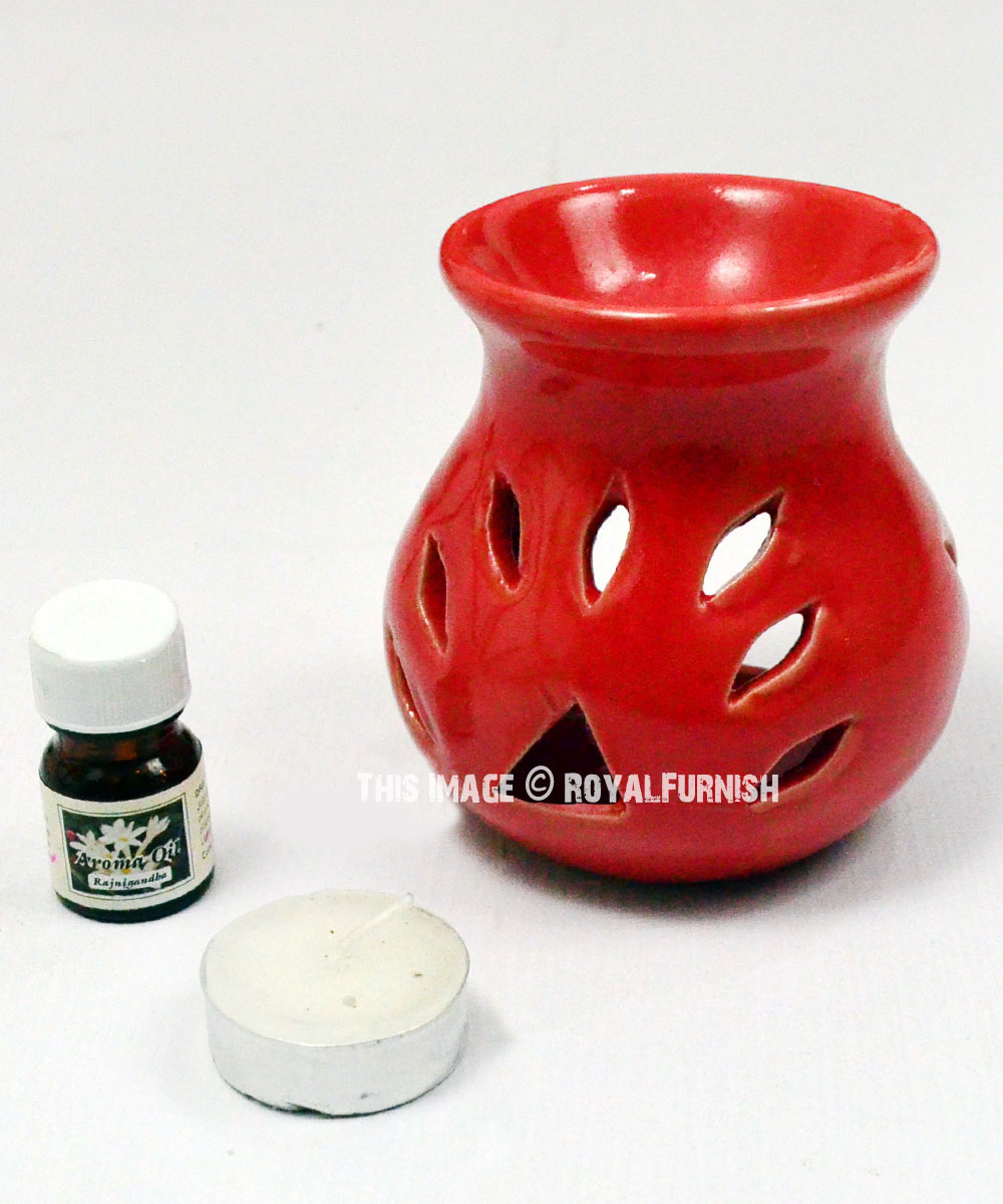 Red Ceramic Oil Burner Diffuser Set with Aroma Oil & Tea Light
