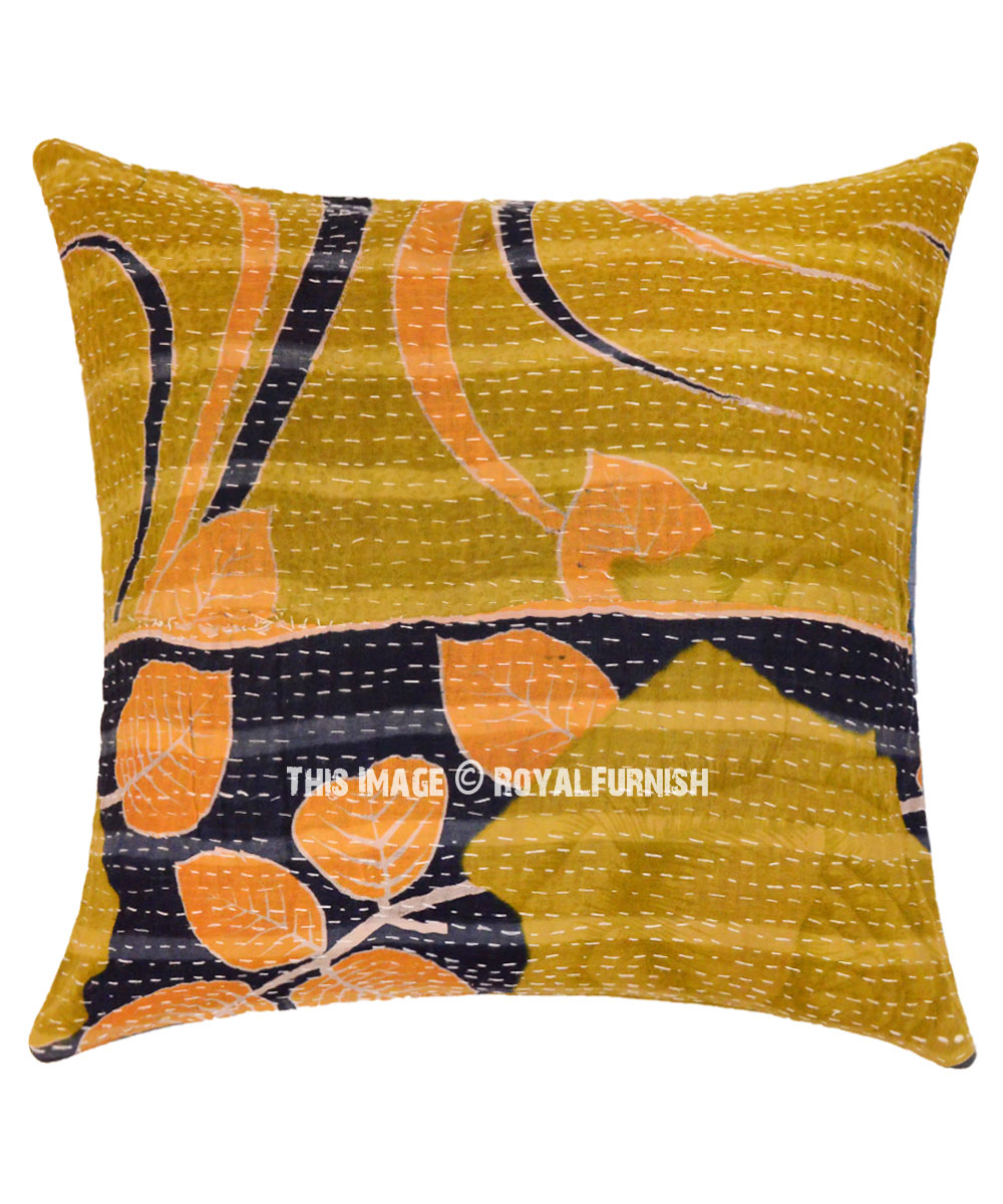 Green Vintage Cotton Sari Embroidered Throw Pillow Cover 16X16 Inch