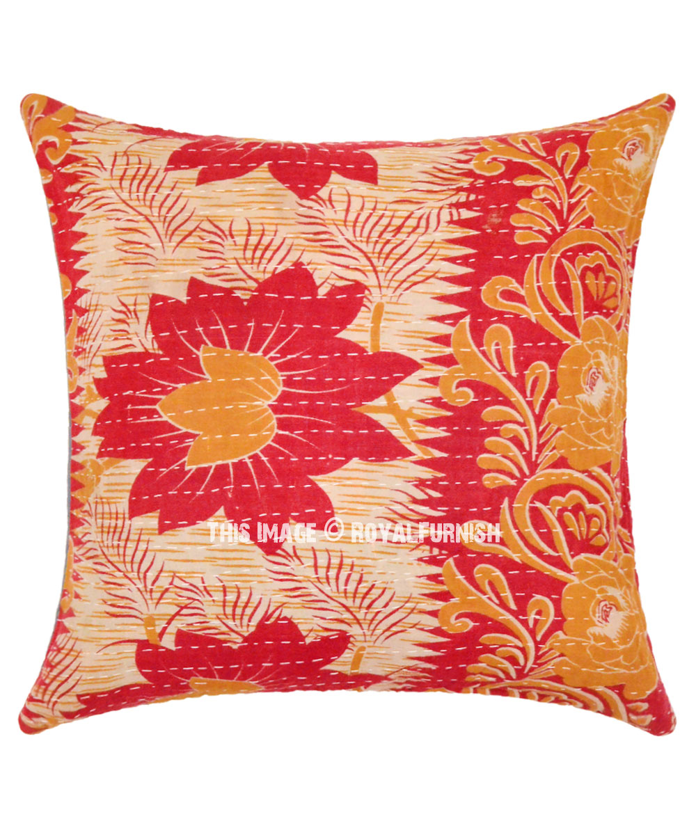 Red Flower Printed Decorative & Accent Kantha Embroidered Pillow Cover