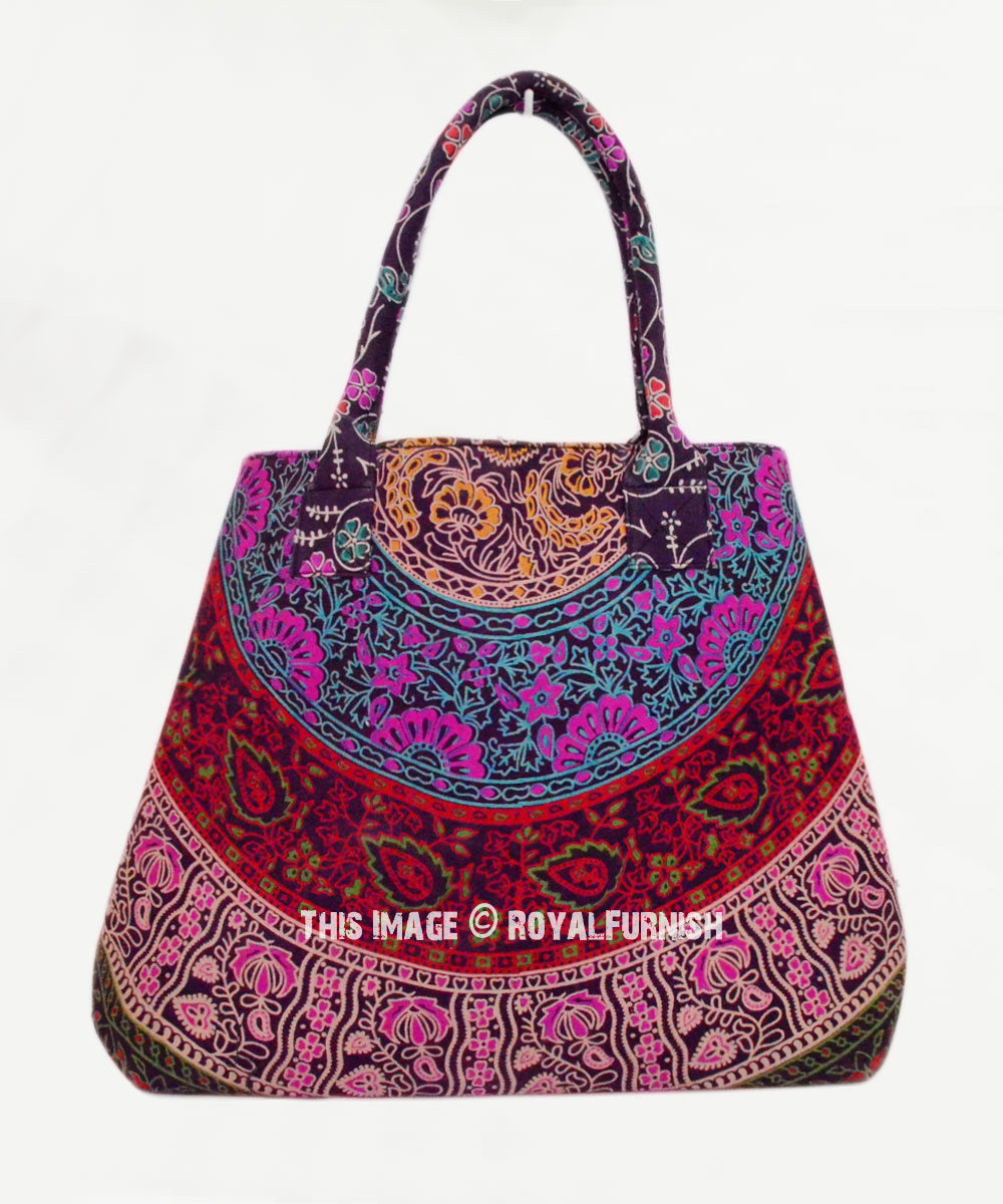 Pink & Purple Boho Medallion Cotton Designer Beach Bag - RoyalFurnish.com