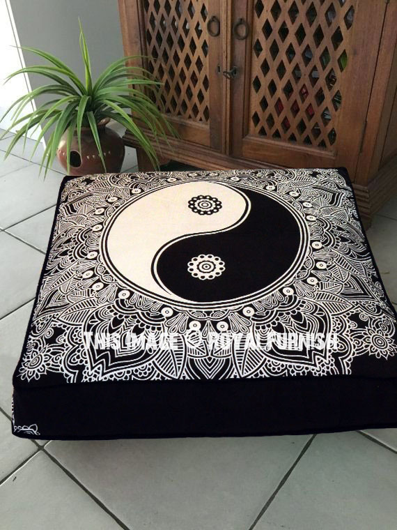 Earth Mandala Square Floor Pillow Cover, Yin Yang Rug Black Clover