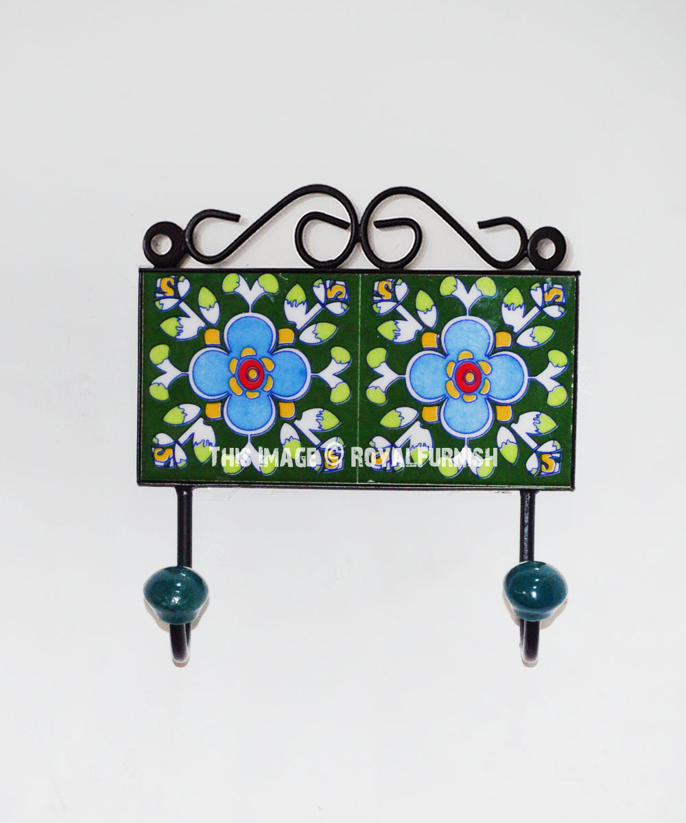 Secret Garden Vintage Shabby Chic Ceramic Indian Tile Coat/Key Hook-5.5x2.7" 