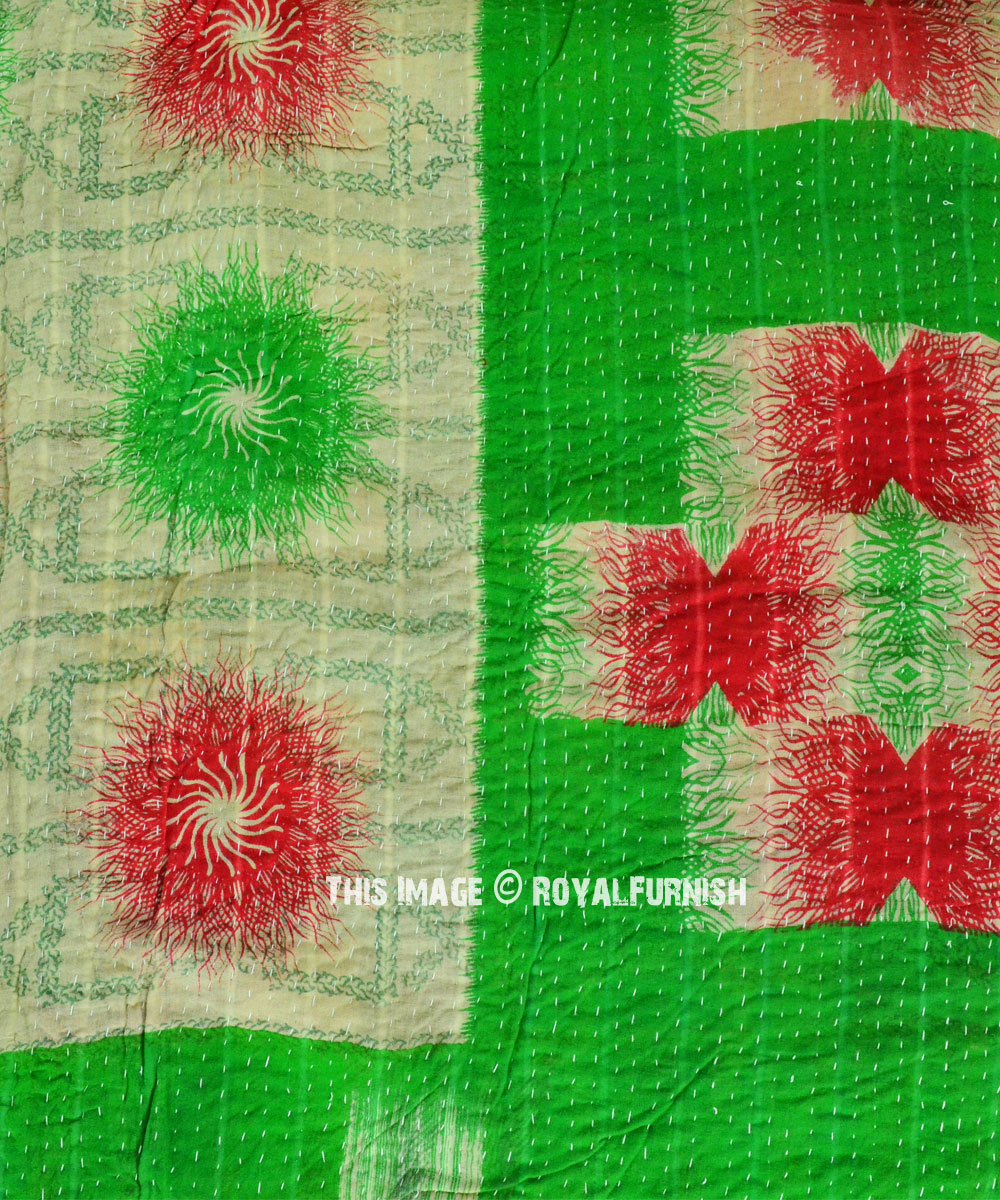 Green Bohemian Reversible Indian Kantha Blanket Throw