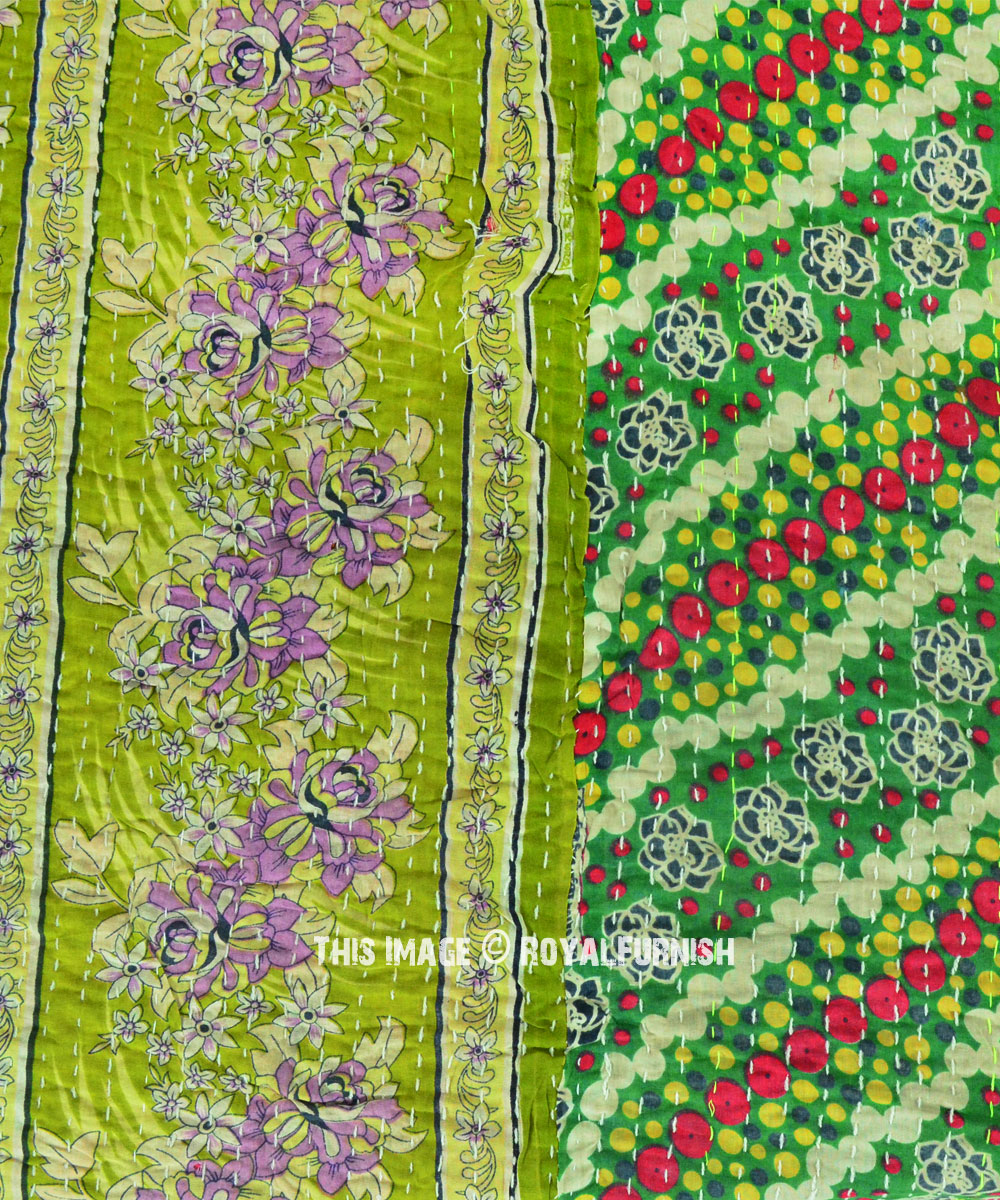 Green Bohemian Reversible Indian Kantha Blanket Throw