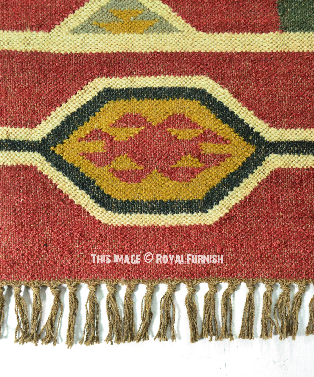 Maroon & Green Geometric Southwestern Jute Area Rug 4X6 Ft