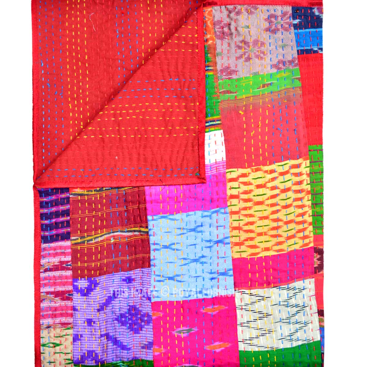 Details about   Indian Kantha Quilt Red Patola Silk Patchwork King Bedspread Vintage Blanket Set 