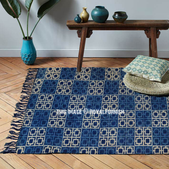 Blue Blocks Printed Cotton Indigo Area Rug 3'X5' ft. - RoyalFurnish.com