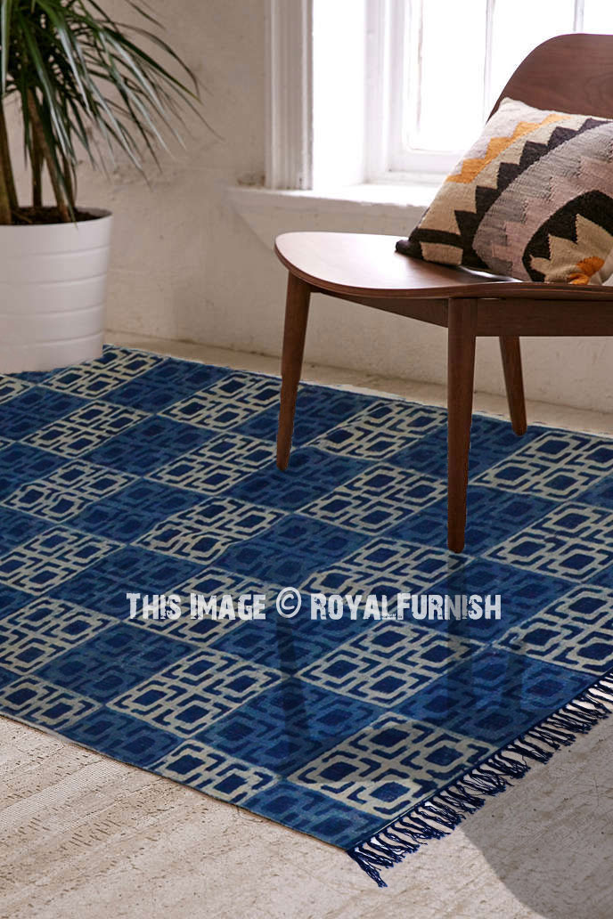 Blue Blocks Printed Cotton Indigo Area Rug 3'X5' ft. - RoyalFurnish.com