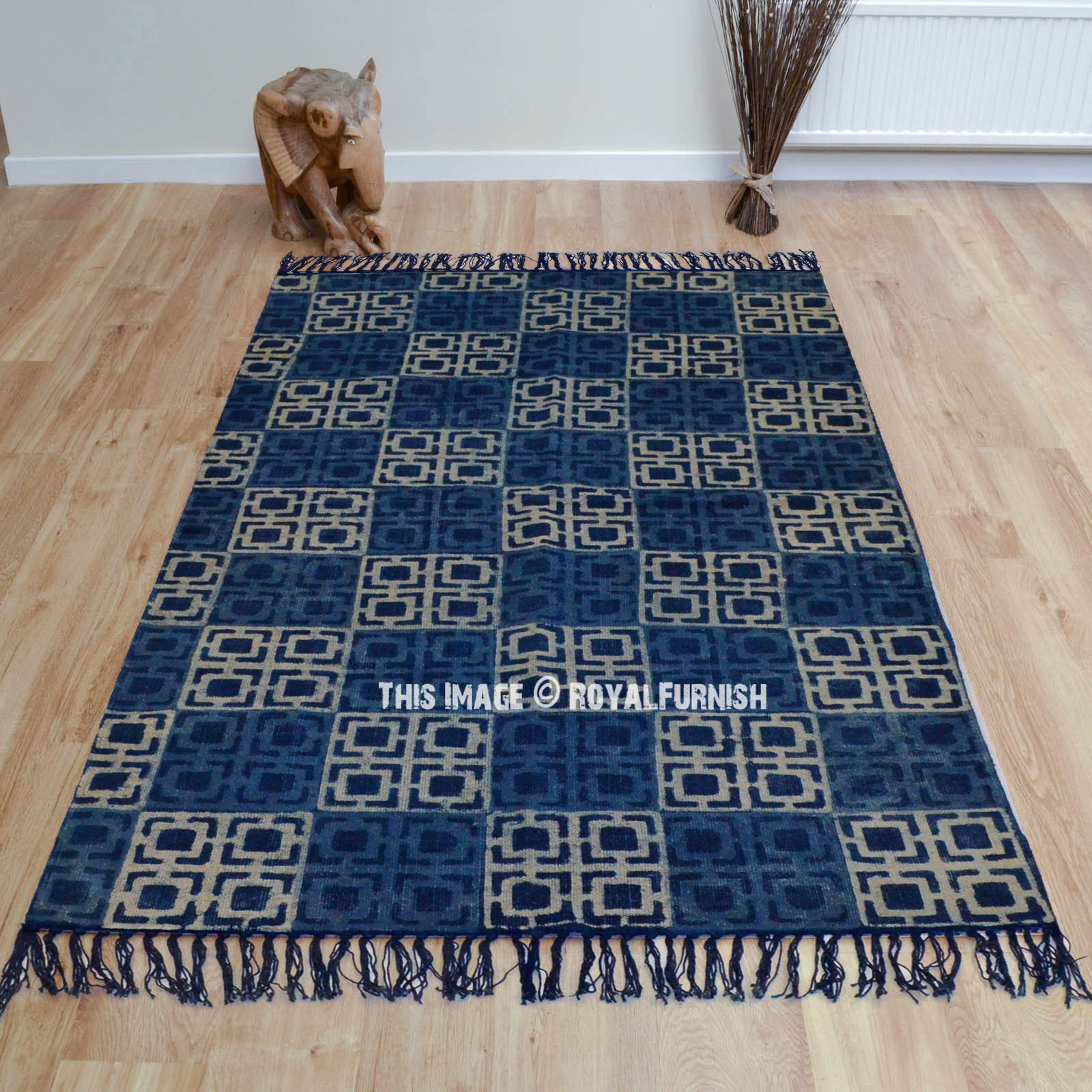 Blue Blocks Printed Cotton Indigo Area Rug 3'X5' ft. - RoyalFurnish.com