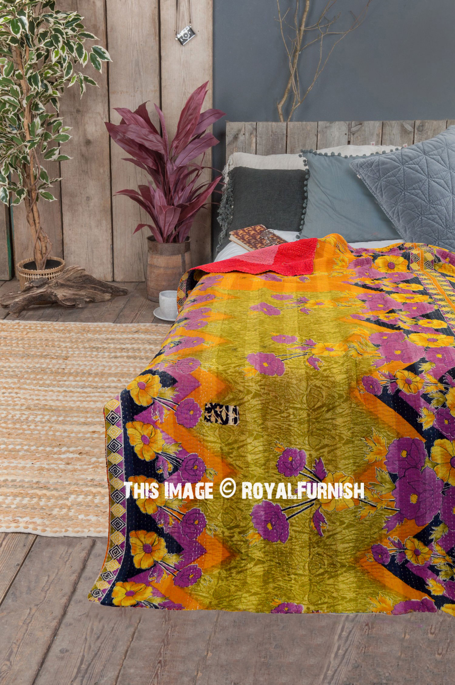 Cotton Saree Made Reversible Kantha Bedding Throw