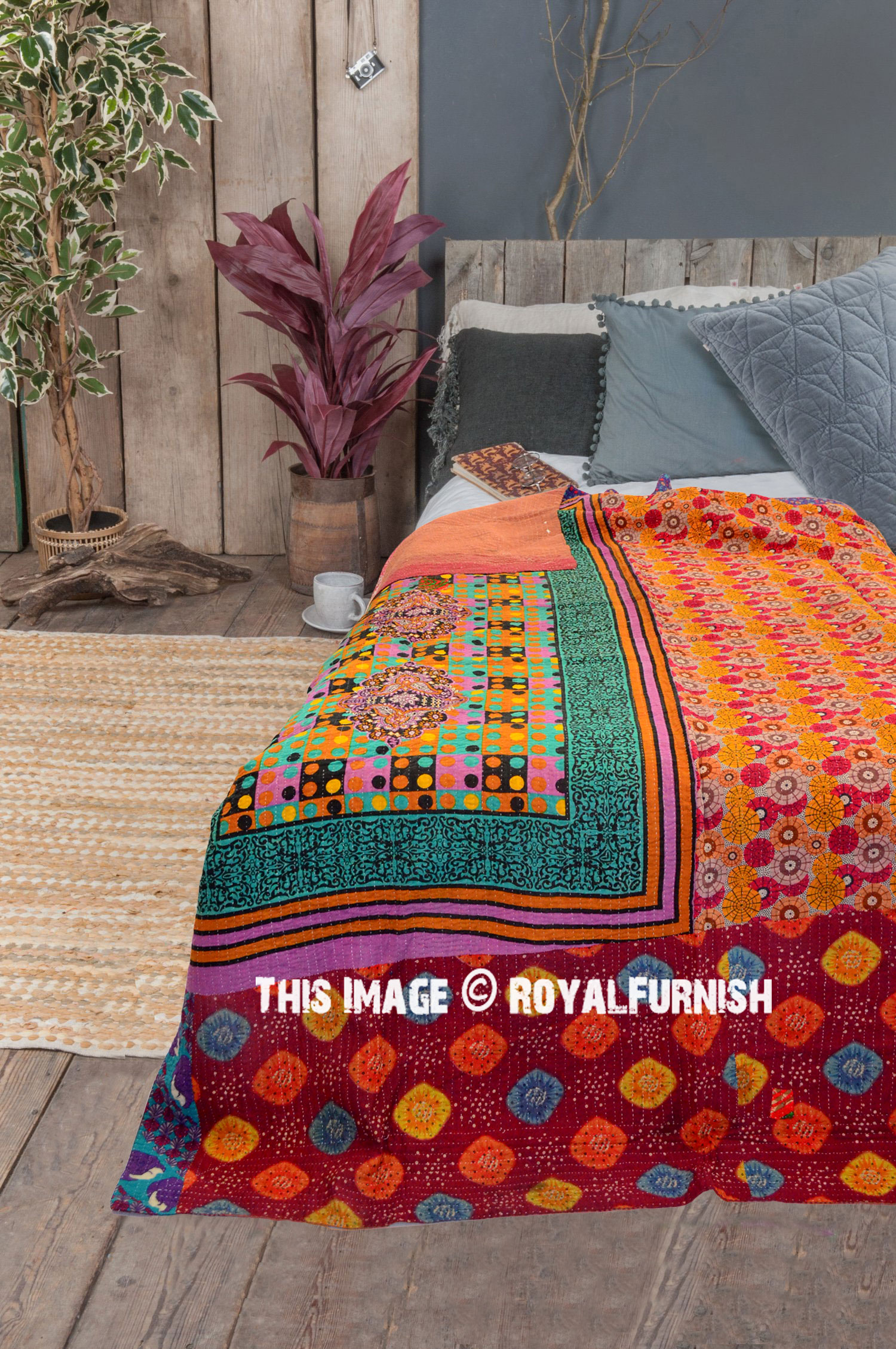 Multi Reversible Cotton Sari Kantha Blanket Throw 72X88 Inch