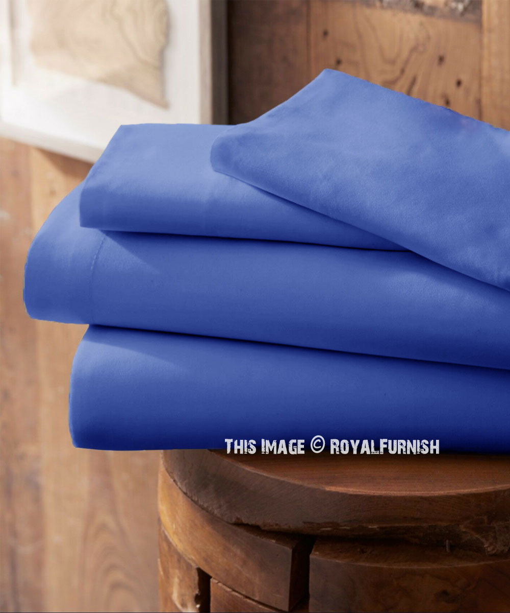 Royal Blue 4Pc Cotton Bed Sheet Set 1 Flat Sheet, 1 Fitted Sheet and 2  Pillowcases 300TC