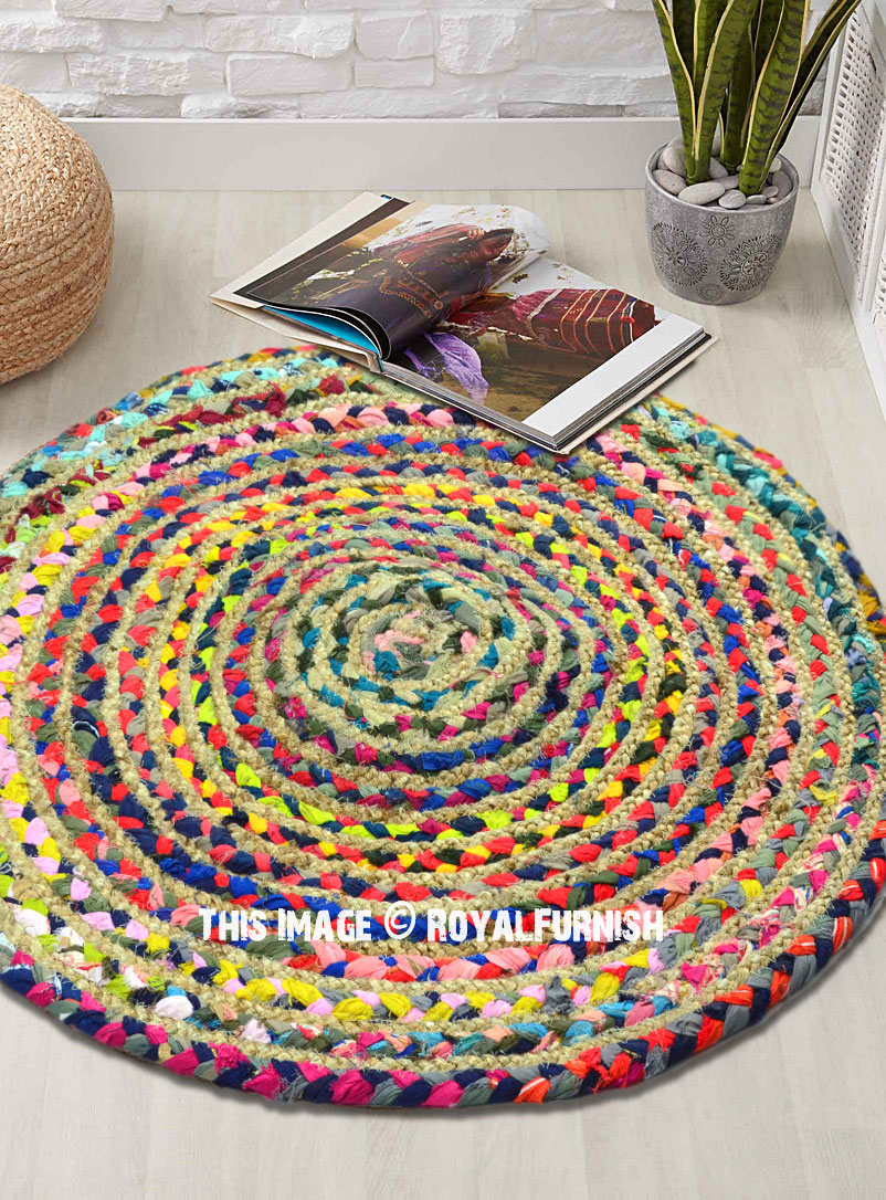 Round Recycled Cotton Braided Chindi Shabby Chic Jute Rag Rug 2ft ...