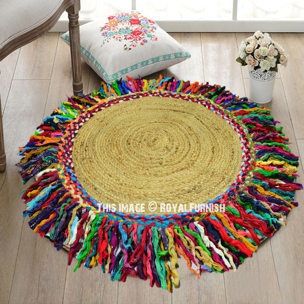 3 Ft Round Sisal Jute Colorful Fringed Area Rug - RoyalFurnish.com