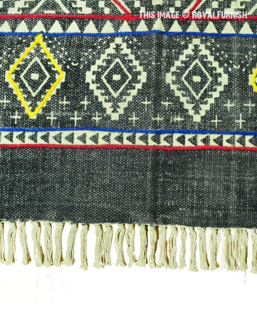 Black Multi Colored Boho Geometric Diamond Pattern Cotton Area Rug 3X5