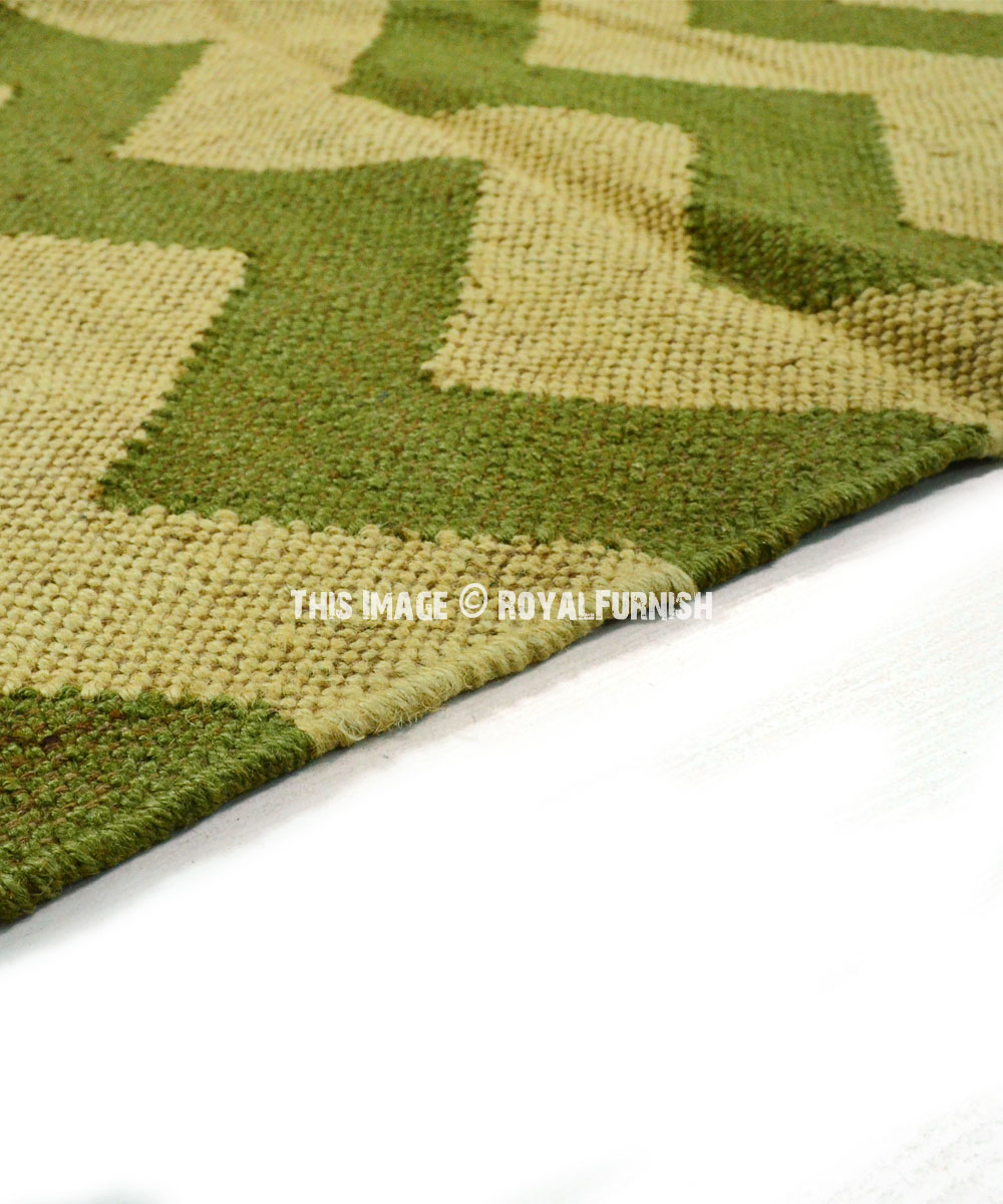 Green & Beige Chevron Jute Kilim Southwestern Area Rug 3X5 Ft