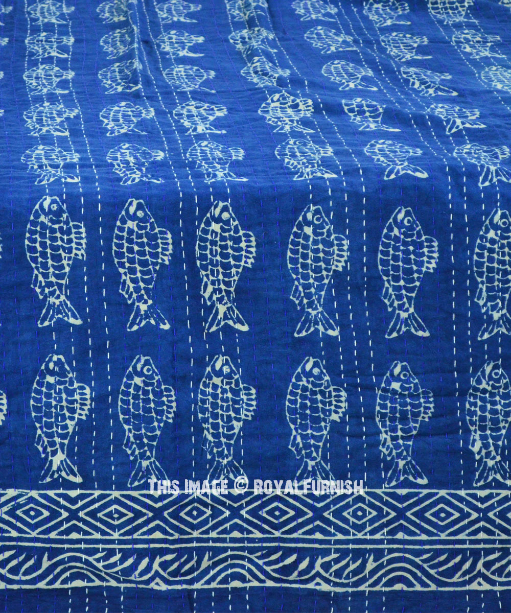 Details about   Indian Embroidery Kantha Quilt Bedspread Fish Print Throw Cotton Blue 