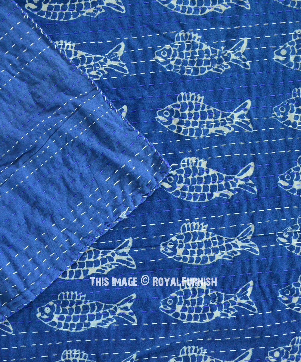 Details about   Queen & Twin Kantha Bedspread Indian Handmade Throw Indigo Fish Cotton Blanket 