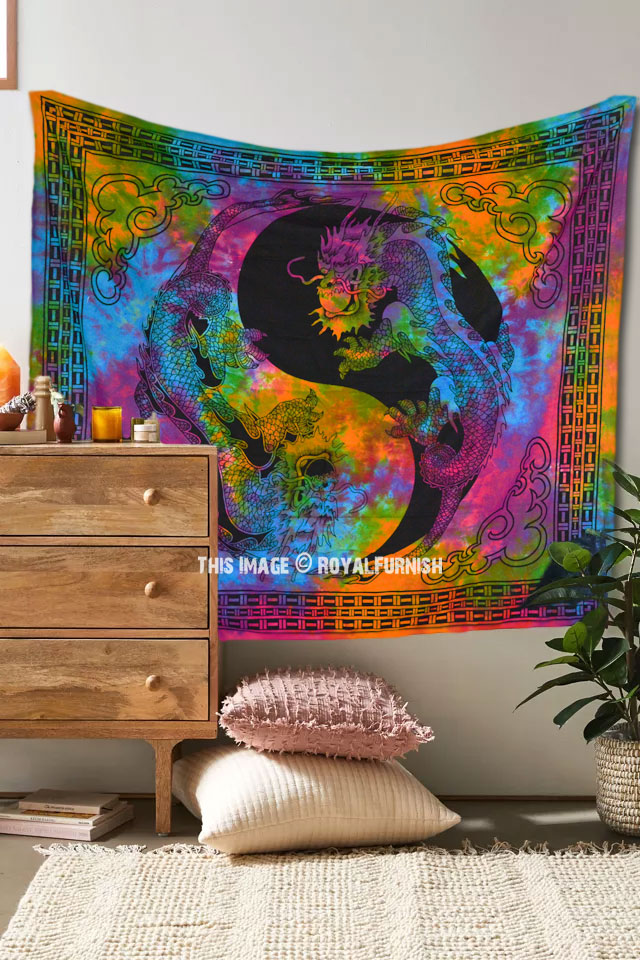 Dragon Fly Yin Yang Tie Dye Tapestry - Queen Size - RoyalFurnish.com