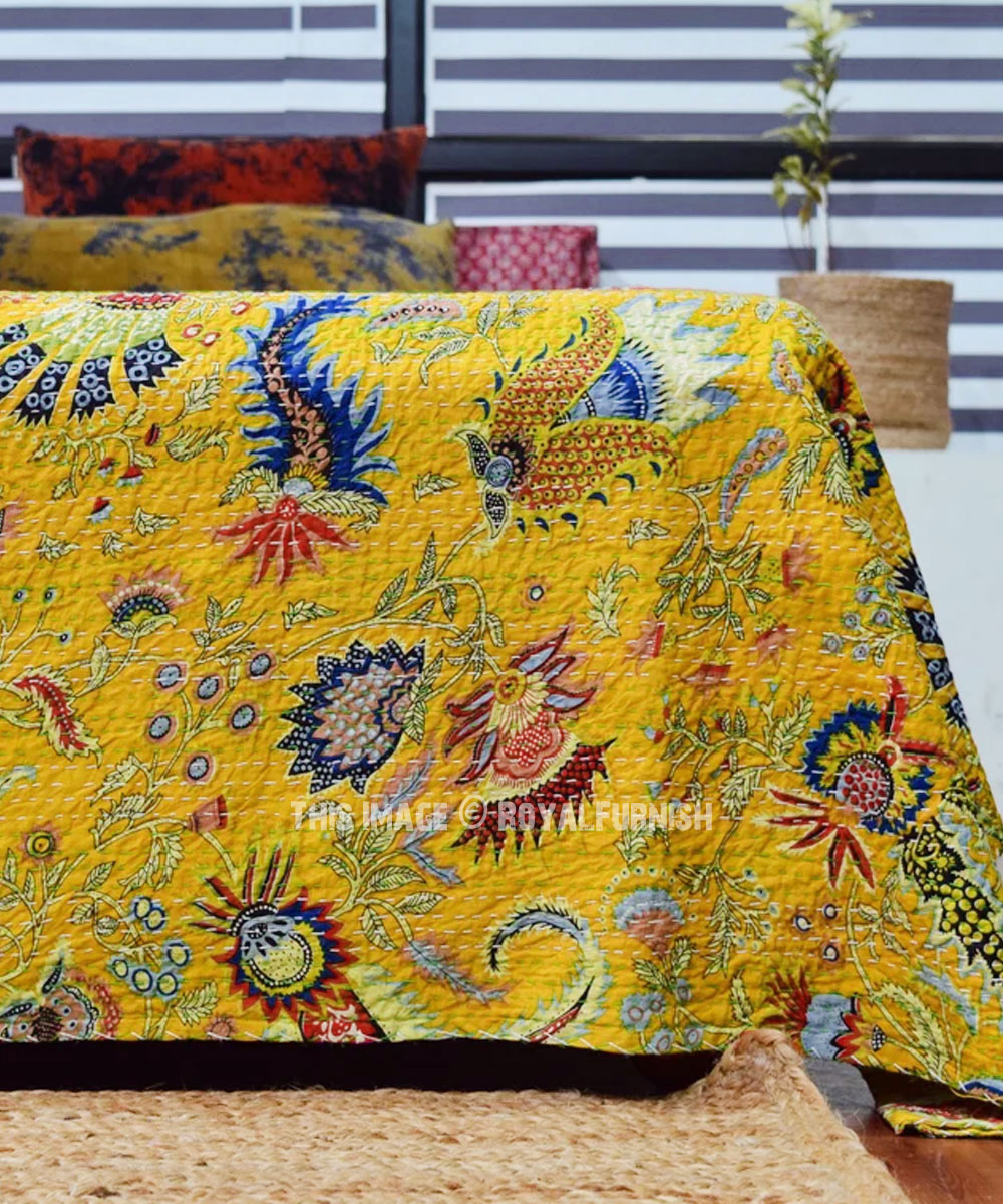 Multicolored Boho Indian Quilt Blanket Bedspread - Twin Size - RoyalFurnish.com