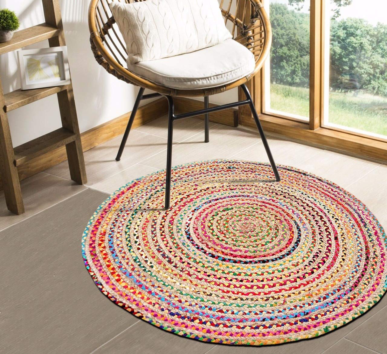 5ft Round Woven Chindi Cotton & Jute Indian Bohemian Braided Area Decorative Rug 