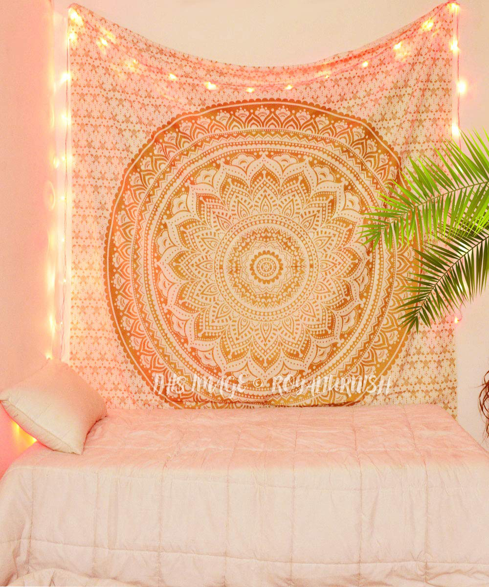 Extra Large Sparkly White Gold Mandala Wall Tapestry King Size RoyalFurnish