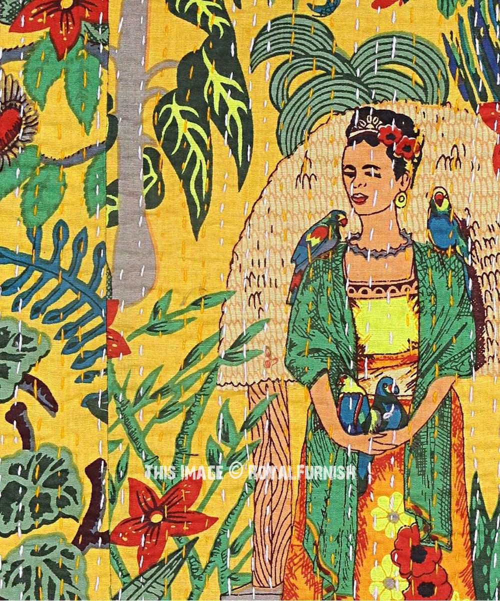 Bohemian Yellow Multi Frida Kahlo Printed Kantha Quilt Blanket Throw Queen Full Size RoyalFurnish