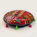 55" Cm. Black Boho Recycled Patchwork India Round Floor Pillow Cover