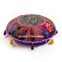 Purple Handmade Patchwork Indian Embroidered Round Floor Pillow