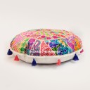  32" White Bohemian Patchwork Round Floor Pillow Cover