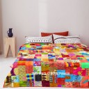 Multi Queen Size Unique One-Of-A-Kind Silk Sari Kantha Quilted Bedding Throw