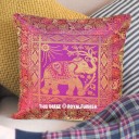 16" Pink Big Elephant Tree Indian Silk Brocade Throw Pillow Sham