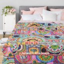 Pink Multi Fruits Circle Boho Kantha Quilt Blanket - Twin Size