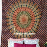 Green Indian Peacock Mandala Tapestry Wall Hanging Bedspread