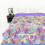 Queen Purple Multicolor Paisley Kantha Quilt Blanket Bedding