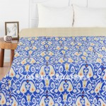Blue Multi Paisley Print Cotton Ikat Kantha Quilted Bedspread Blanket